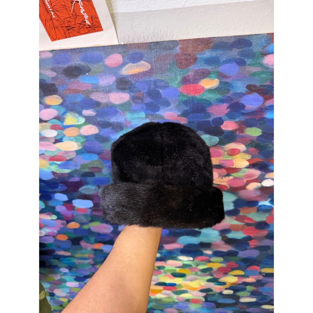 Everitt Vintage Black Faux Fur Pillbox Hat Winter Cuffed Beanie Style